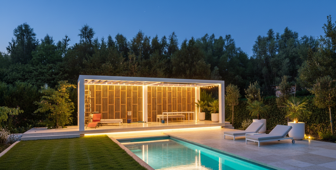 Luxe buitenruimte met zwembad en terras