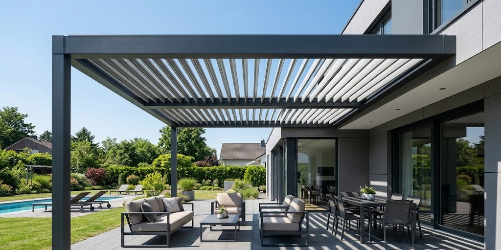 Moderne terrasoverkapping met lamellendak